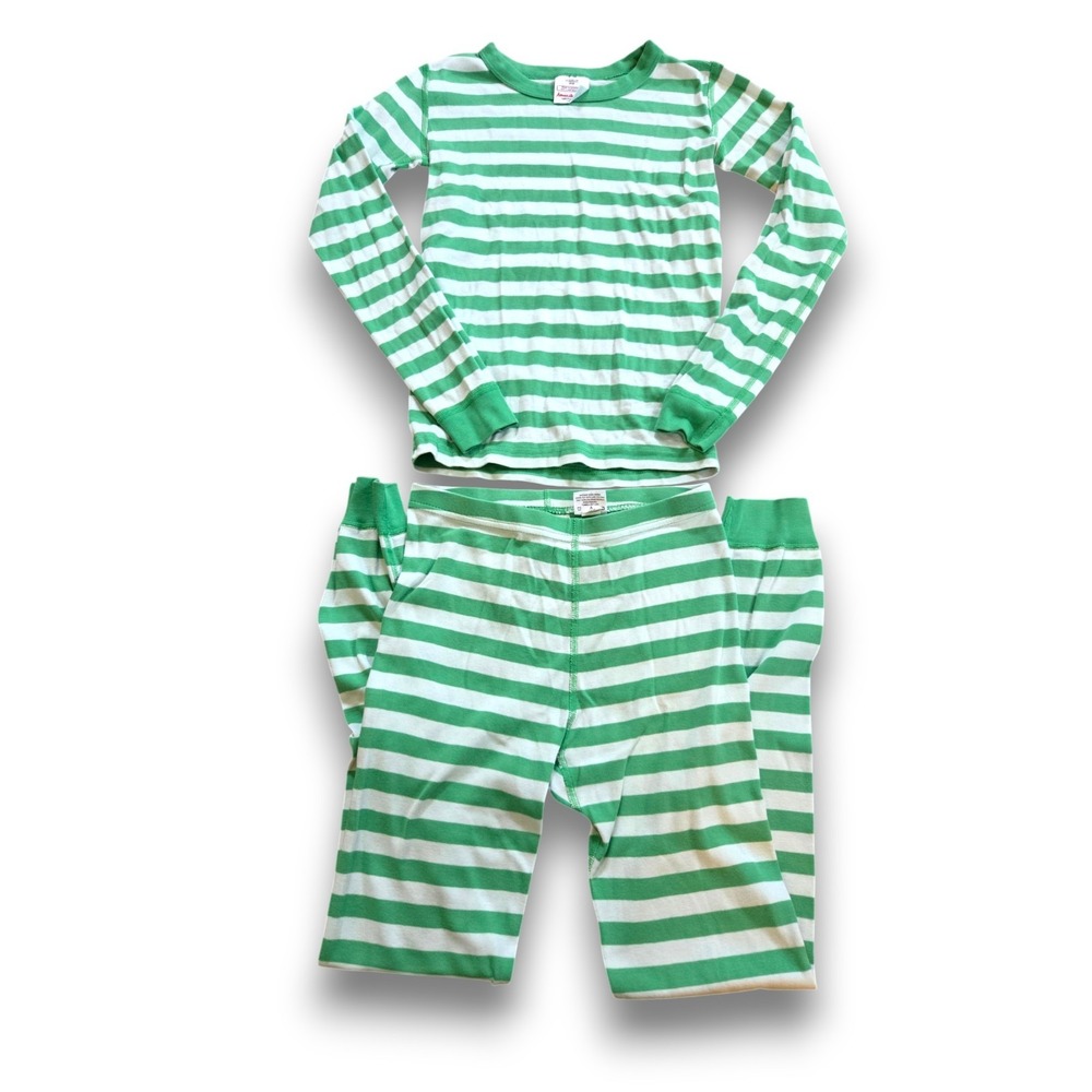 Hanna Andersson Green White Stripe Long John Pajamas Kids Boys Girls 150 US 12
